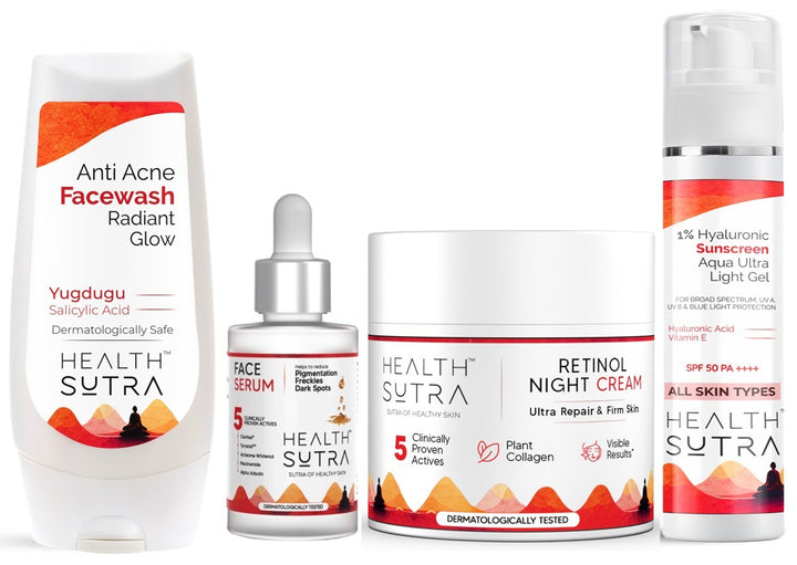 Advanced Daily Skin Health Kit with Anti Acne Facewash, Hyaluronic Sunscreen, Face Serum, Retinol Night Cream
