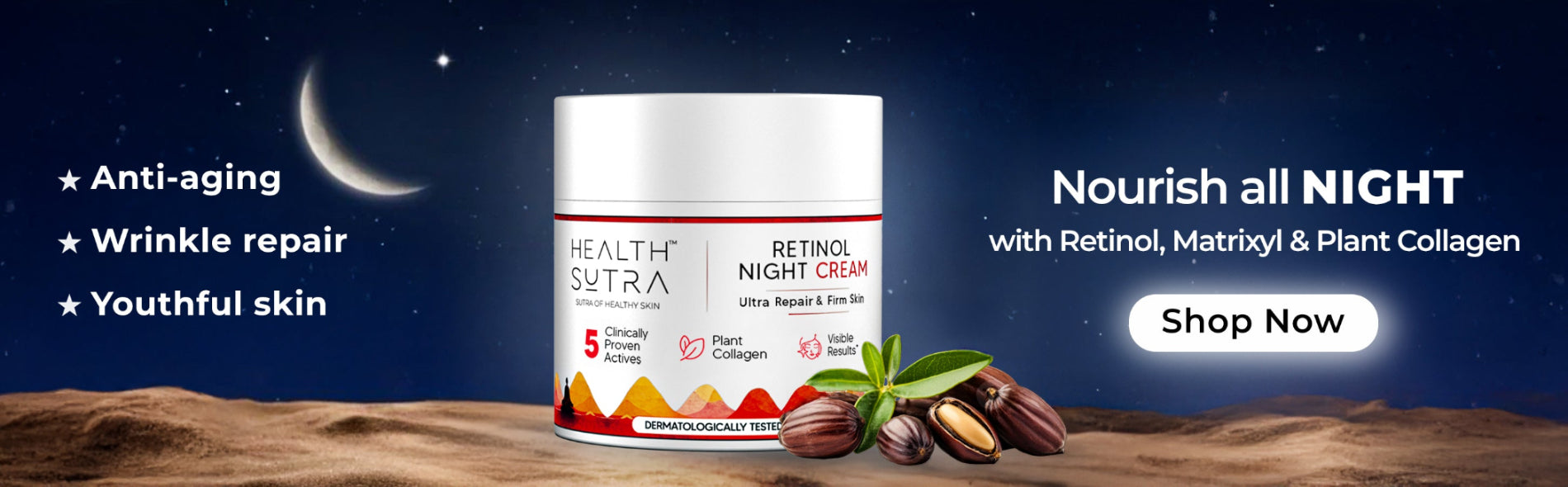 Healthutra Retinol Night Cream packaging with night sky and moon background