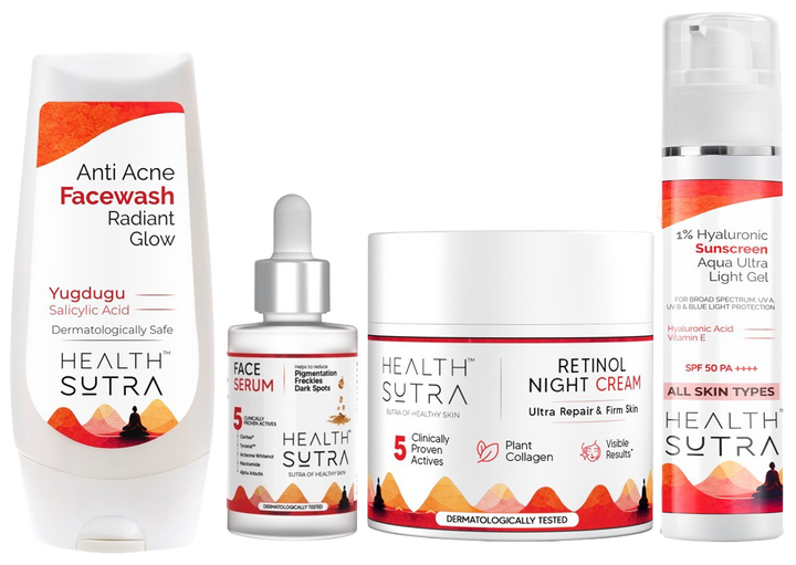 Advanced Daily Skin Health Kit with Anti Acne Facewash, Hyaluronic Sunscreen, Face Serum, Retinol Night Cream